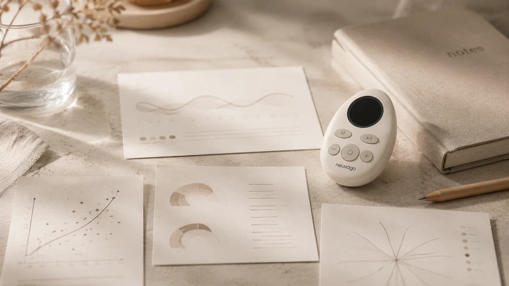 Neuvago device beside research notes and evidence visuals.